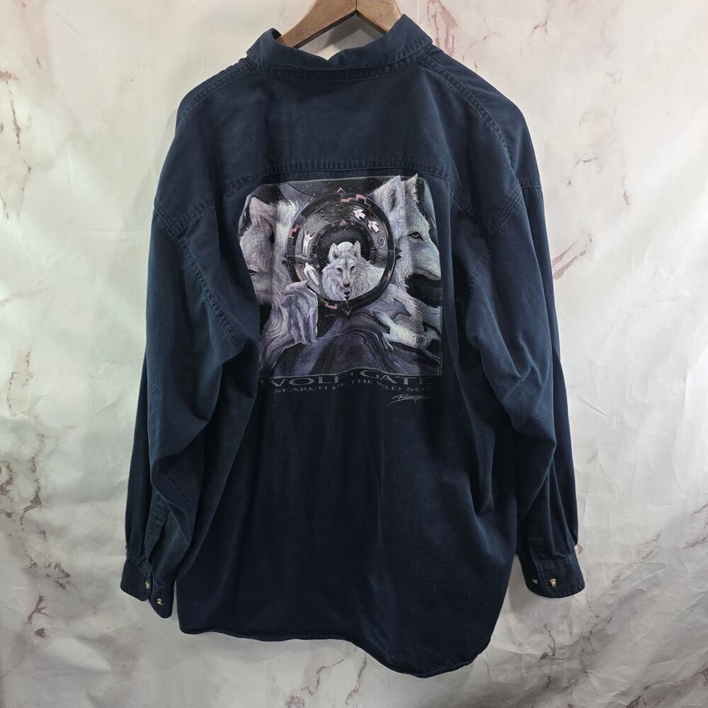 Vintage Wolf Shirt Men XL Navy Button Down Wolfgate 90s Search Of Wild Self